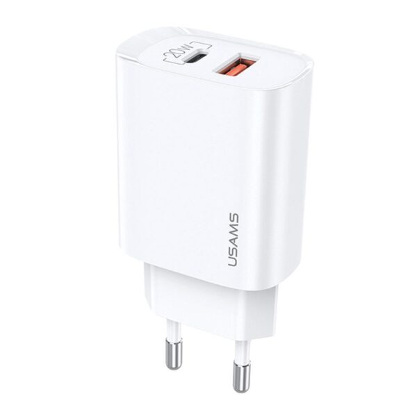 Ładowarka sieciowa Usams T35 20W 1xUSB-C  + 1xUSB PD 3.0 QC 3.0 bez kabla - biała