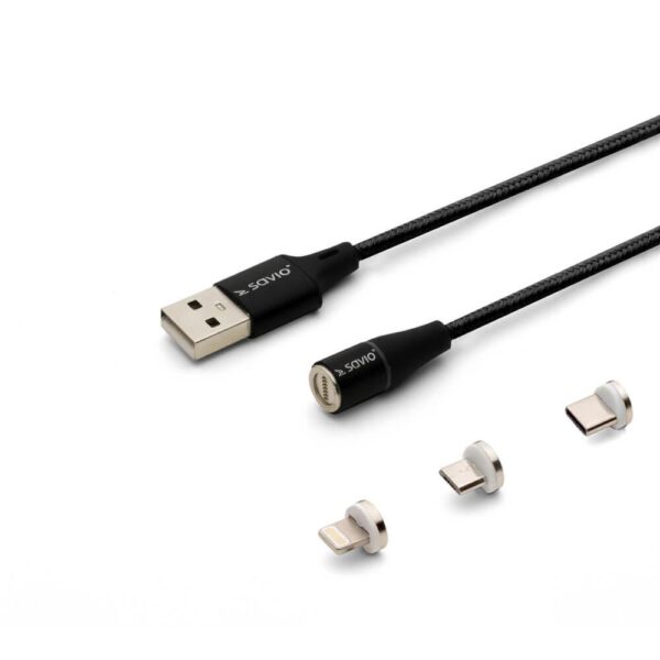 Kabel USB 2.0 SAVIO CL-155 USB – USB Typ C, Micro i Lightning, QC i PD 3.0, magnetyczny, 2m, czarny