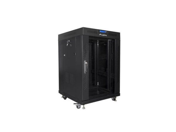 Szafa instalacyjna Rack stojąca 19" 15U 600x600 czarna drzwi szklane LCD Lanberg (flat pack)